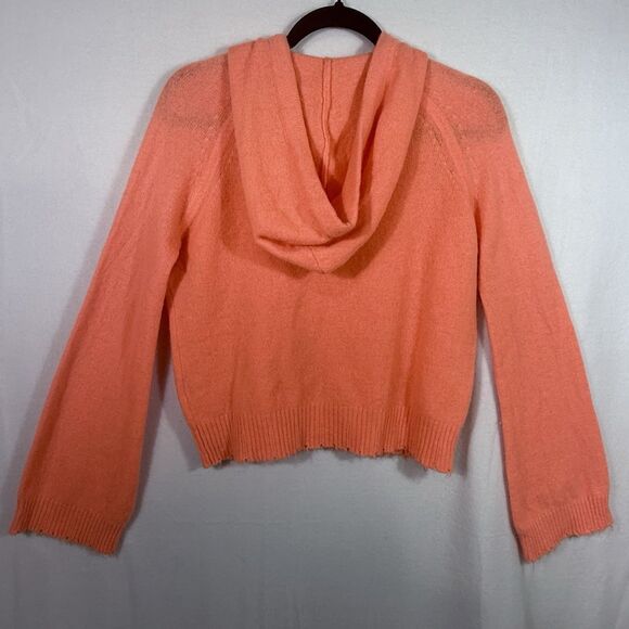Minnie Rose Coral Orange Hooded Cropped Chewed Hem Cashmere Sweater Size S Cozy - Picture 2 of 12